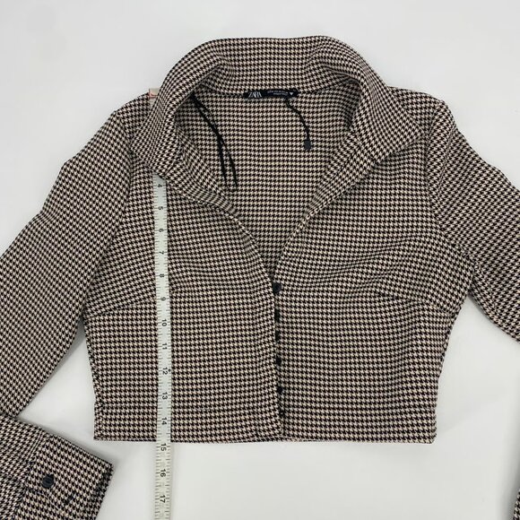 Zara Cropped Herringbone Houndstooth Black Cream Blazer Top S - Picture 9 of 9